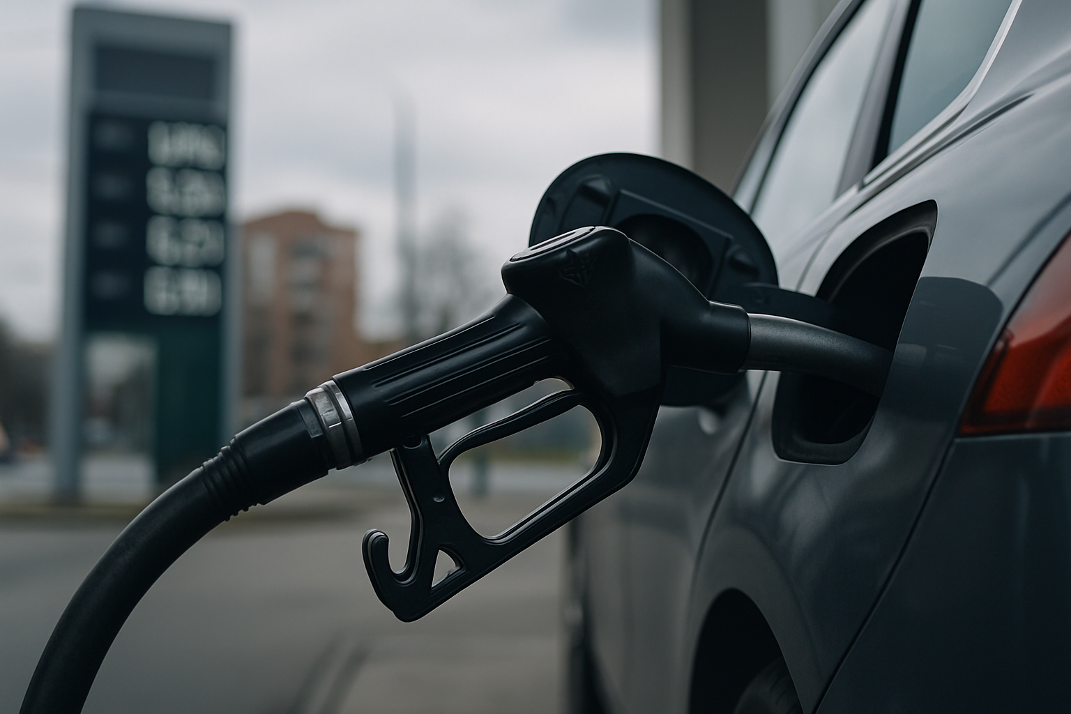 Nahaufnahme einer Tankpistole, im Hintergrund unscharfe Preistafel an einer Stadt-Tankstelle