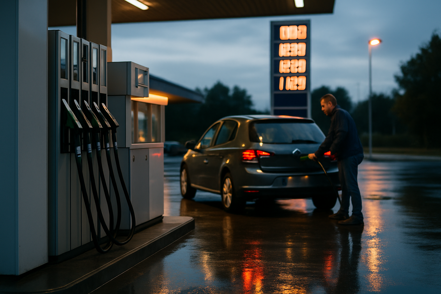 Zapfsäule an einer deutschen Tankstelle mit sichtbarem Preisdisplay bei Abendlicht