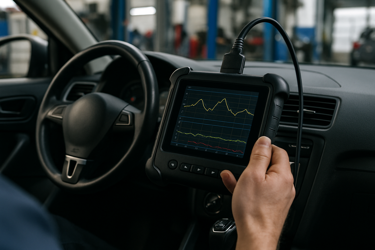 Diagnosegerät im Fahrzeug zeigt Live-Daten zur Lambdaregelung und Luftmasse während einer Probefahrt